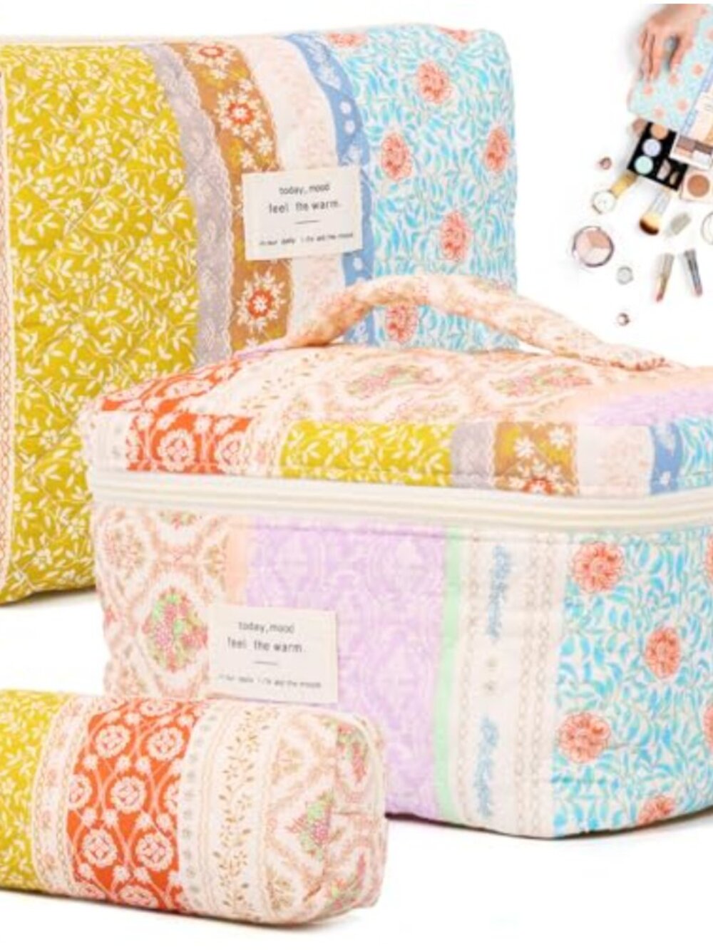 3 Pc Cotton Quilted Floral Makeup Bag Set Travel Cosmetic Organizer